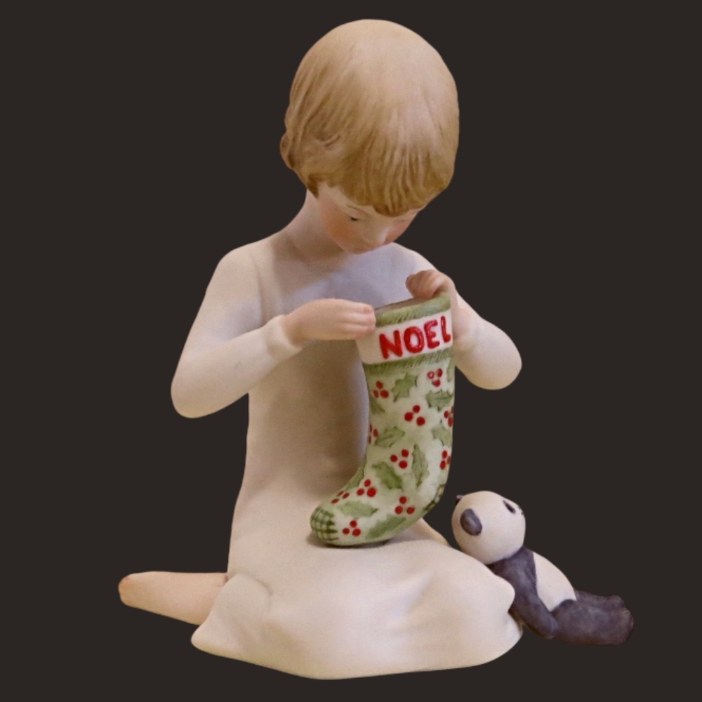 Vintage Cybis Figurine Child Green Noel Stocking Panda Bear Christmas 1980